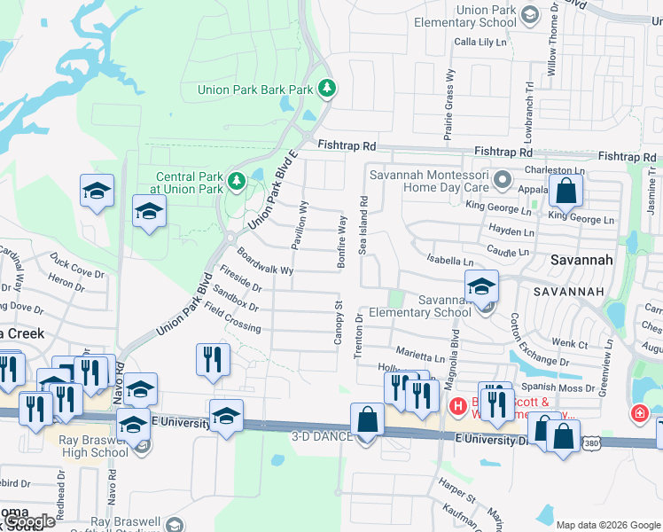 map of restaurants, bars, coffee shops, grocery stores, and more near 832 Boardwalk Way in Aubrey