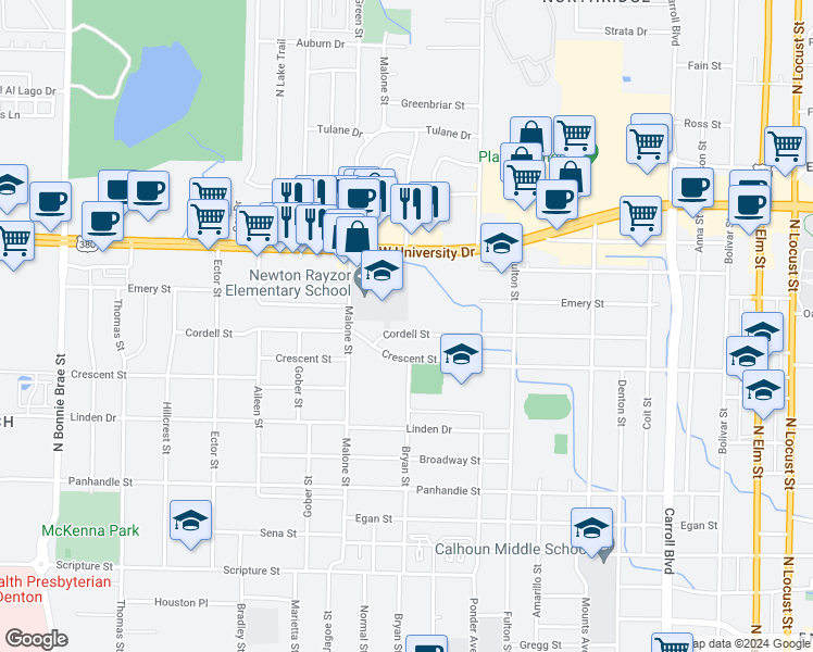 map of restaurants, bars, coffee shops, grocery stores, and more near 1308 Cordell Street in Denton