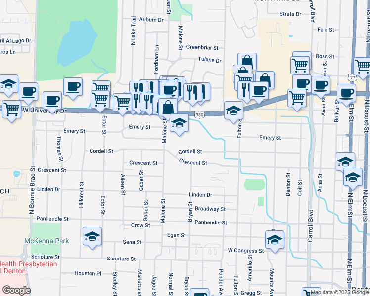 map of restaurants, bars, coffee shops, grocery stores, and more near 1316 Cordell Street in Denton