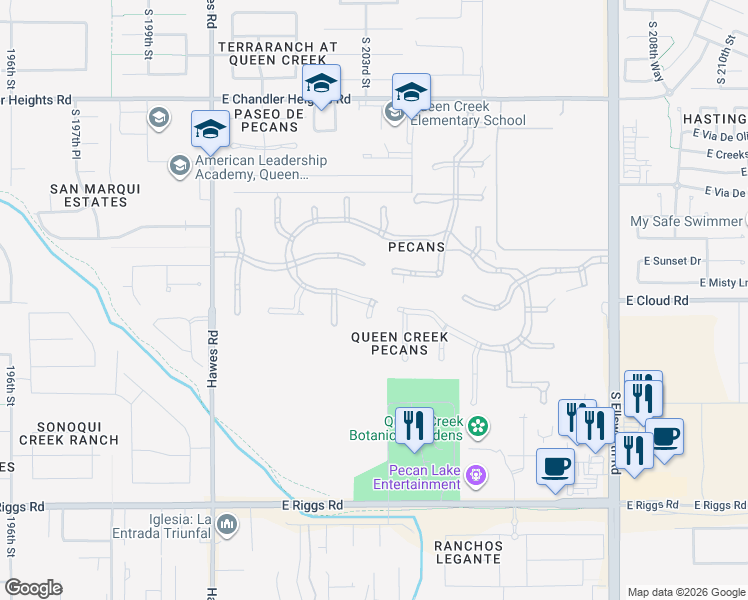 map of restaurants, bars, coffee shops, grocery stores, and more near 20567 East Cloud Road in Queen Creek