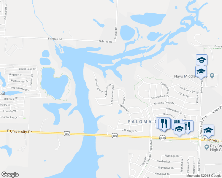 map of restaurants, bars, coffee shops, grocery stores, and more near 1121 Shearwater Avenue in Aubrey