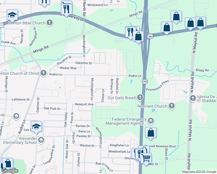 map of restaurants, bars, coffee shops, grocery stores, and more near 3313 Anysa Lane in Denton