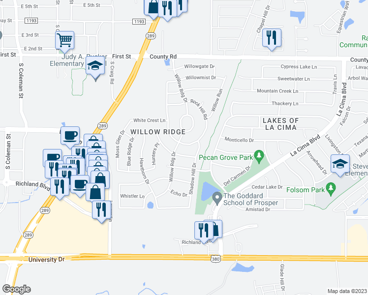 map of restaurants, bars, coffee shops, grocery stores, and more near 701 Willowview Drive in Prosper