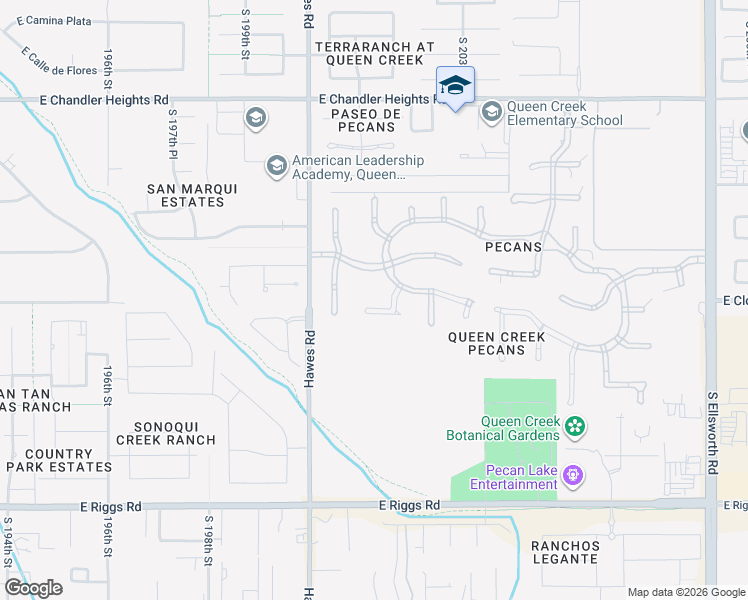 map of restaurants, bars, coffee shops, grocery stores, and more near 20085 East Melissa Place in Queen Creek