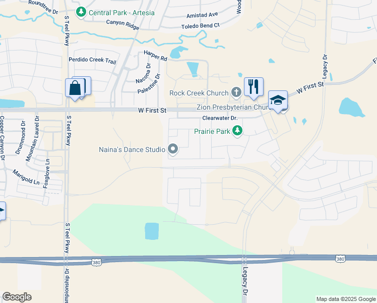 map of restaurants, bars, coffee shops, grocery stores, and more near 3070 Renmuir Drive in Prosper