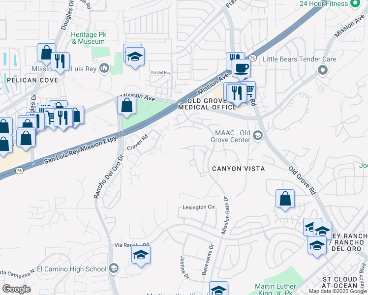 map of restaurants, bars, coffee shops, grocery stores, and more near 4213 La Pinata Way in Oceanside