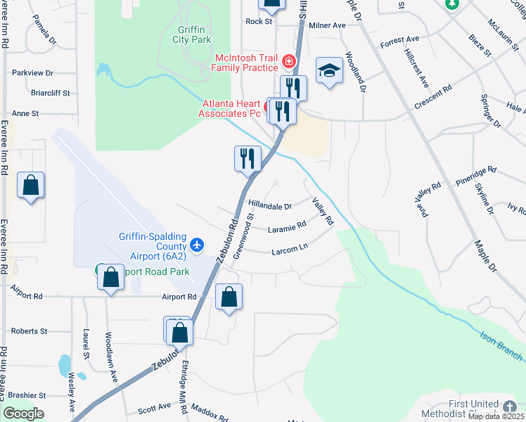 map of restaurants, bars, coffee shops, grocery stores, and more near 202 Hillandale Drive in Griffin