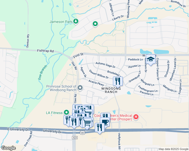 map of restaurants, bars, coffee shops, grocery stores, and more near 4620 Acacia Parkway in Prosper