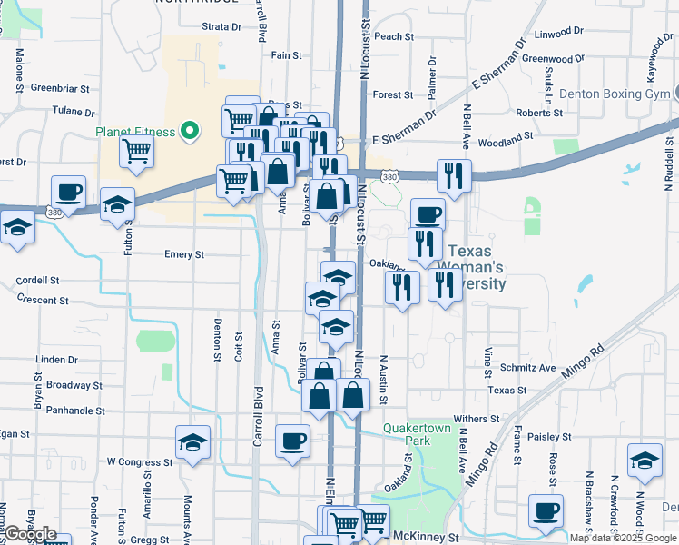 map of restaurants, bars, coffee shops, grocery stores, and more near 1415 North Locust Street in Denton