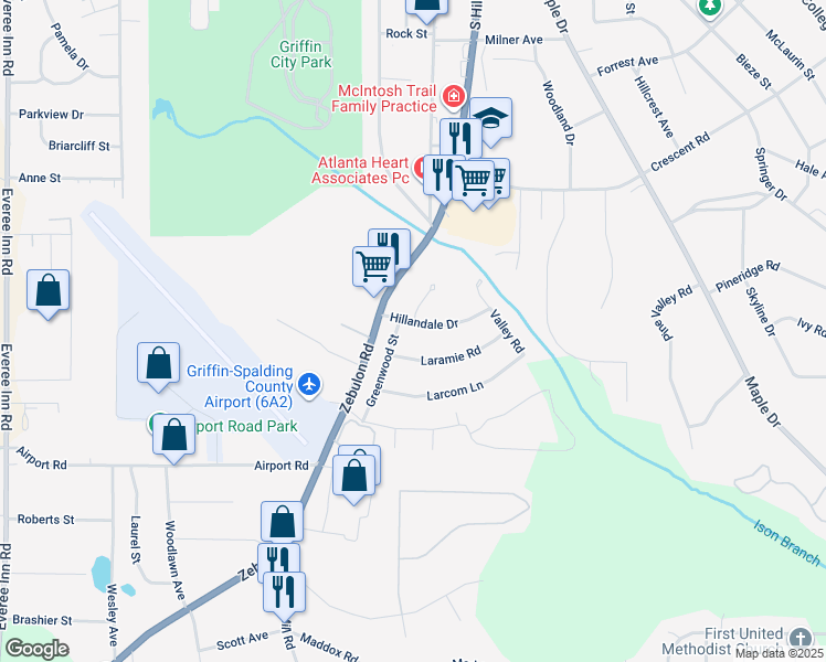 map of restaurants, bars, coffee shops, grocery stores, and more near 202 Hillandale Drive in Griffin