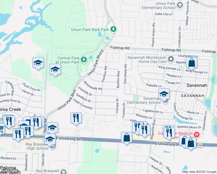 map of restaurants, bars, coffee shops, grocery stores, and more near 808 Boardwalk Way in Aubrey