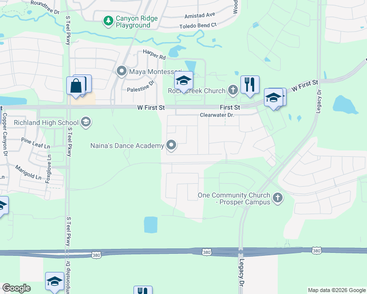map of restaurants, bars, coffee shops, grocery stores, and more near 3070 Renmuir Drive in Prosper