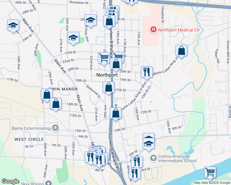 map of restaurants, bars, coffee shops, grocery stores, and more near 1615 Alabama 69 in Northport