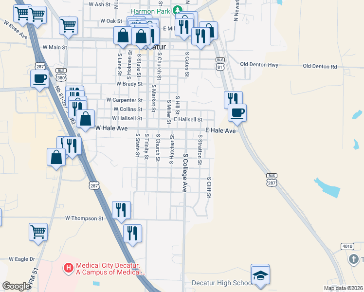 map of restaurants, bars, coffee shops, grocery stores, and more near 1201 South Hatcher Street in Decatur