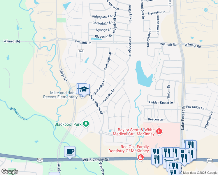 map of restaurants, bars, coffee shops, grocery stores, and more near 2424 Rotherham Circle in McKinney