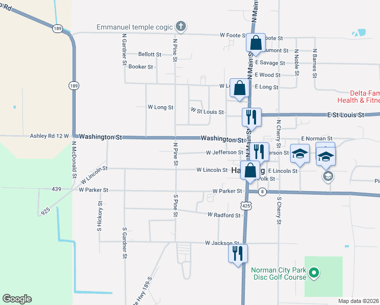 map of restaurants, bars, coffee shops, grocery stores, and more near 423 West Jefferson Street in Hamburg