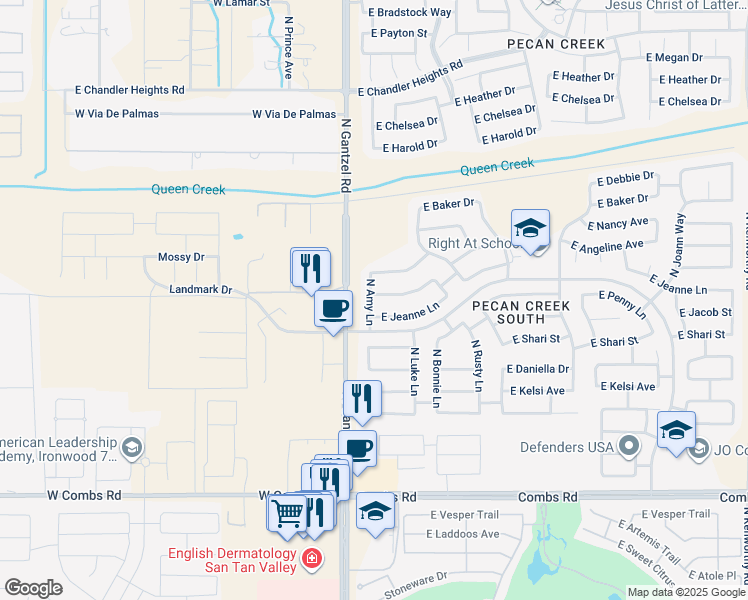 map of restaurants, bars, coffee shops, grocery stores, and more near 361 East Melanie Street in San Tan Valley