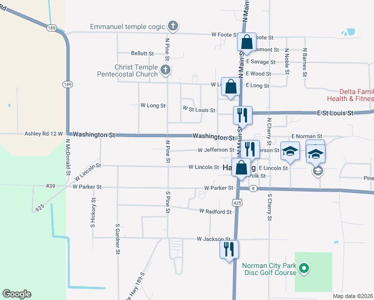 map of restaurants, bars, coffee shops, grocery stores, and more near 409 West Jefferson Street in Hamburg