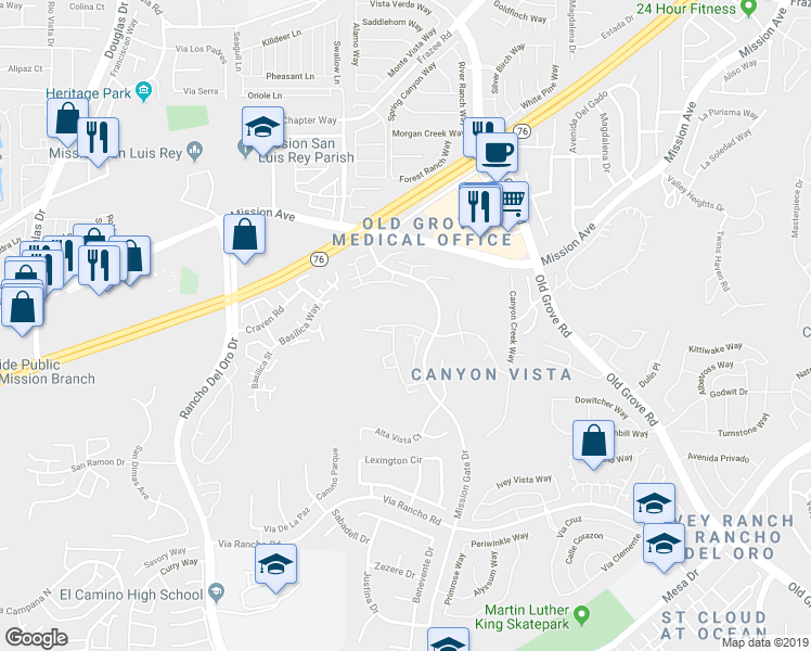 map of restaurants, bars, coffee shops, grocery stores, and more near 4224 Vista Panorama Way in Oceanside