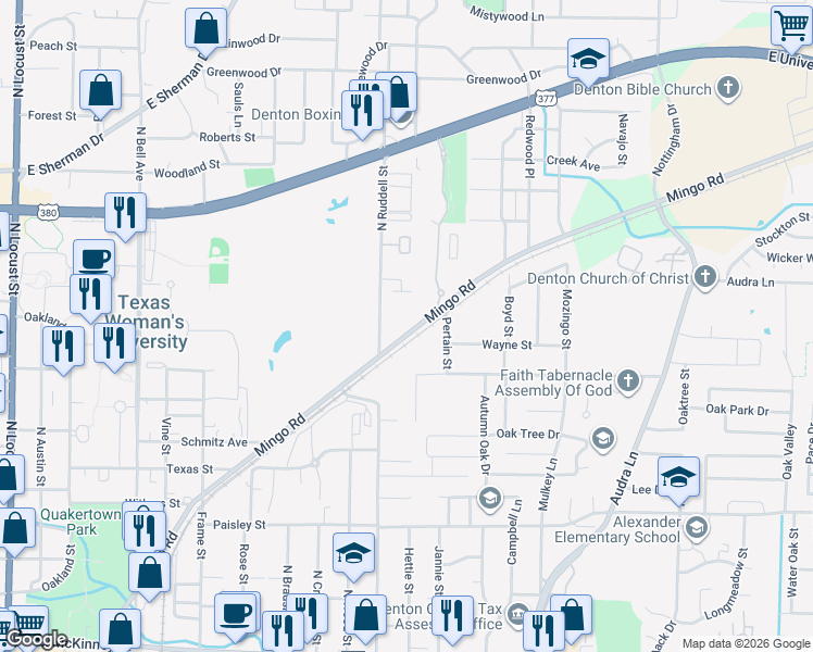 map of restaurants, bars, coffee shops, grocery stores, and more near 1301 Lattimore Street in Denton