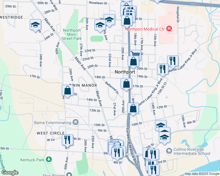 map of restaurants, bars, coffee shops, grocery stores, and more near 2117 Bellwood Dr in Northport