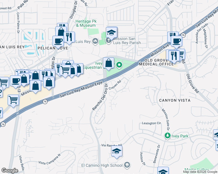 map of restaurants, bars, coffee shops, grocery stores, and more near 225 Melinda Way in Oceanside