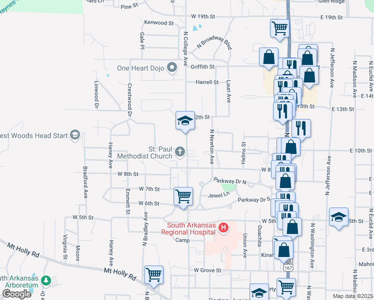 map of restaurants, bars, coffee shops, grocery stores, and more near 1600 North College Avenue in El Dorado