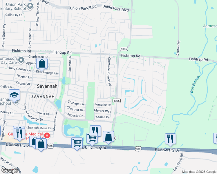 map of restaurants, bars, coffee shops, grocery stores, and more near 1321 Cherokee Rose Trail in Denton County