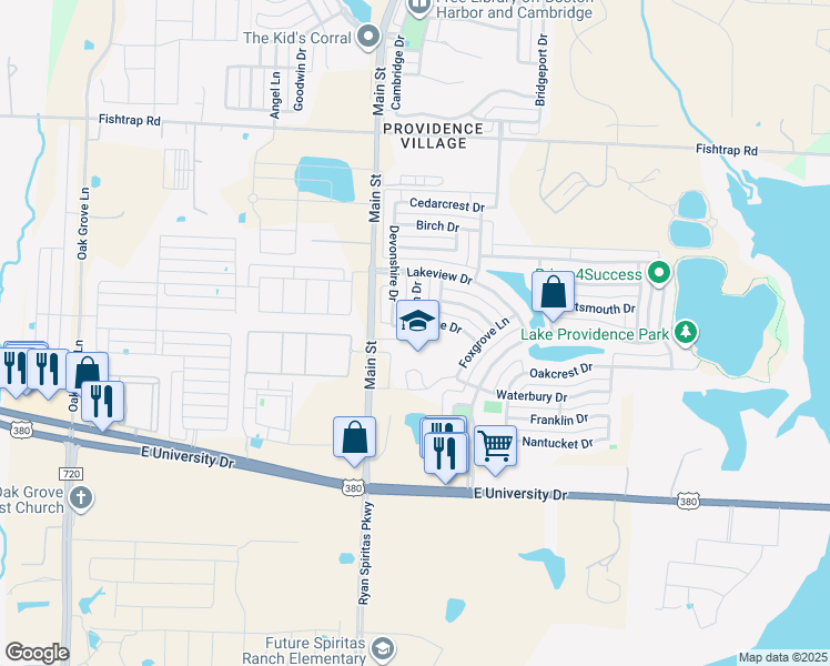 map of restaurants, bars, coffee shops, grocery stores, and more near 9902 Maple Drive in Providence Village