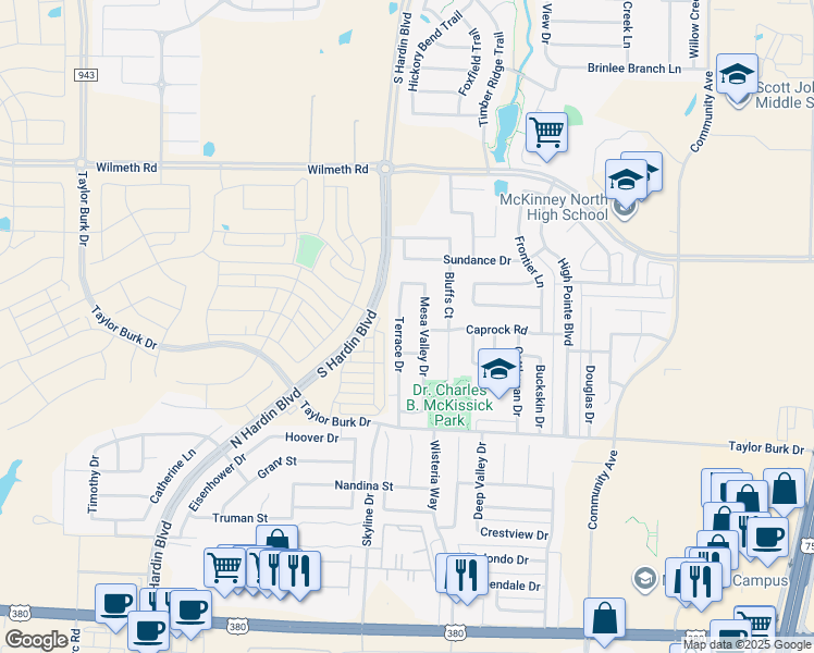 map of restaurants, bars, coffee shops, grocery stores, and more near 2800 Terrace Drive in McKinney