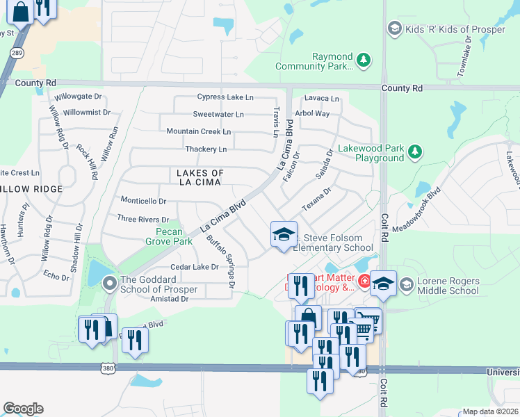 map of restaurants, bars, coffee shops, grocery stores, and more near 721 Calaveras Court in Prosper