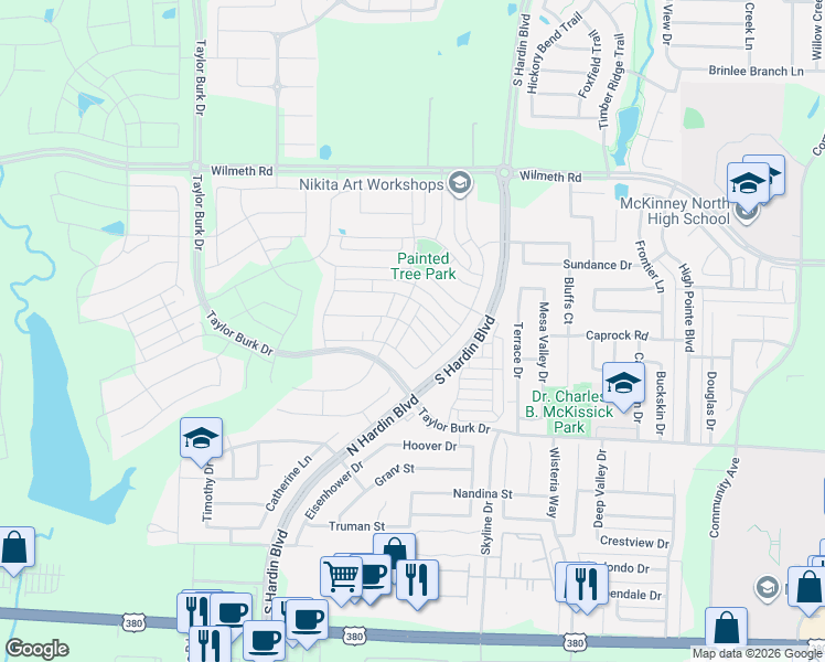 map of restaurants, bars, coffee shops, grocery stores, and more near Hardin Rd in McKinney
