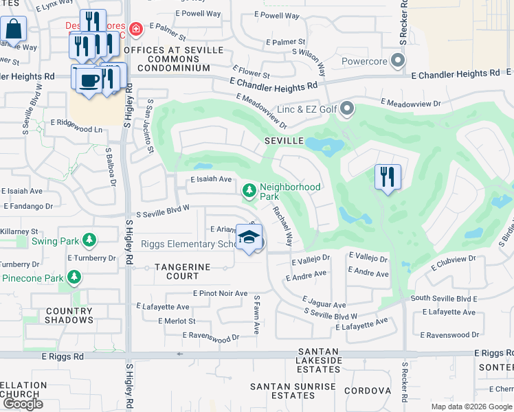 map of restaurants, bars, coffee shops, grocery stores, and more near 3571 East Arianna Avenue in Gilbert