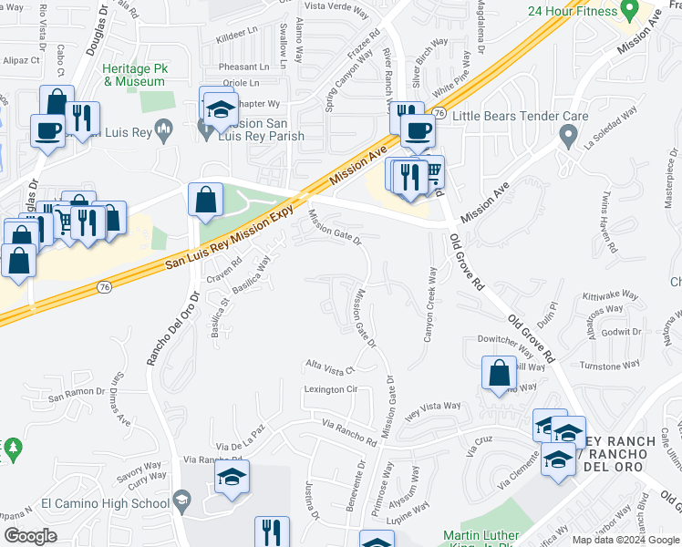 map of restaurants, bars, coffee shops, grocery stores, and more near 4244 Vista Panorama Way in Oceanside