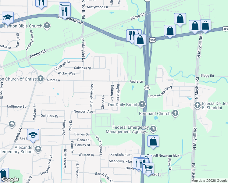 map of restaurants, bars, coffee shops, grocery stores, and more near 1015 Brittany Drive in Denton