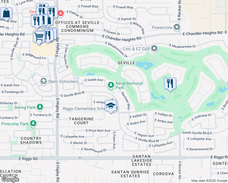 map of restaurants, bars, coffee shops, grocery stores, and more near 3571 East Arianna Avenue in Gilbert