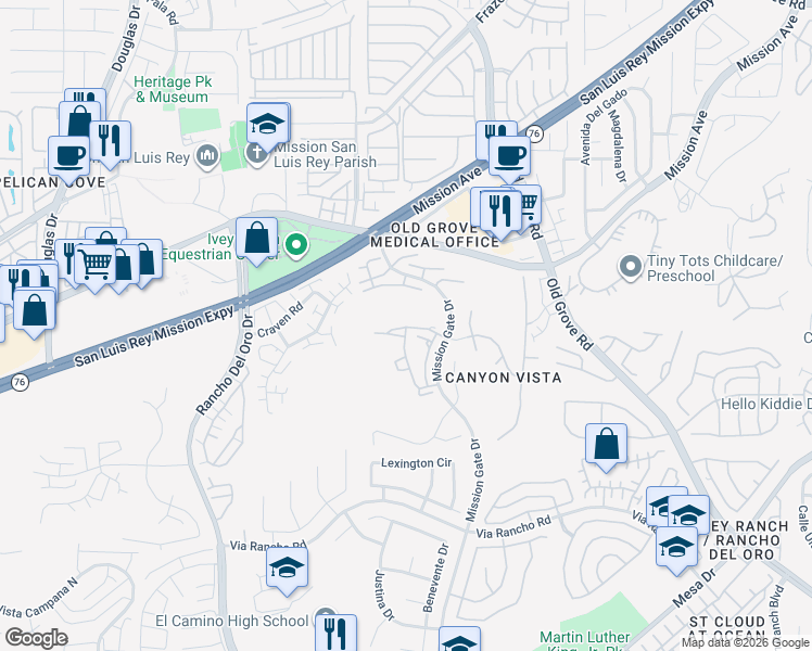 map of restaurants, bars, coffee shops, grocery stores, and more near 4224 Vista Panorama Way in Oceanside