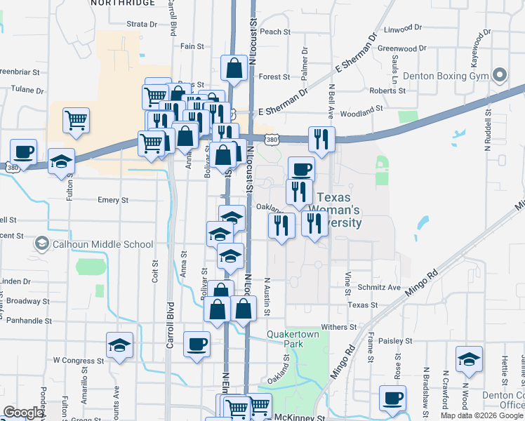 map of restaurants, bars, coffee shops, grocery stores, and more near 1406 North Austin Street in Denton