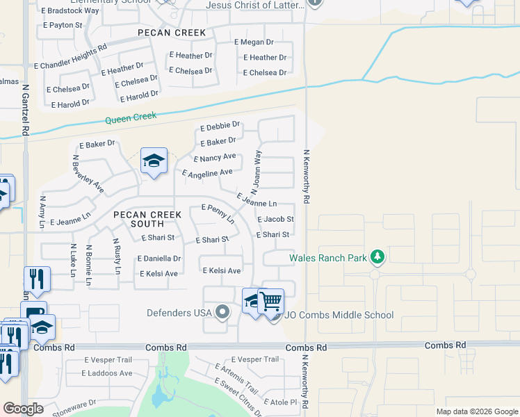 map of restaurants, bars, coffee shops, grocery stores, and more near 1585 E Jeanne Ln in Queen Creek