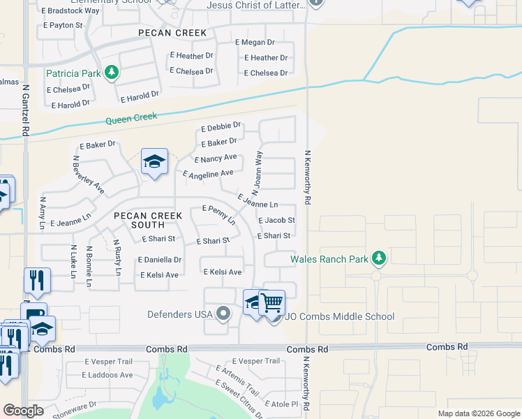 map of restaurants, bars, coffee shops, grocery stores, and more near 38248 North Kyle Street in Queen Creek