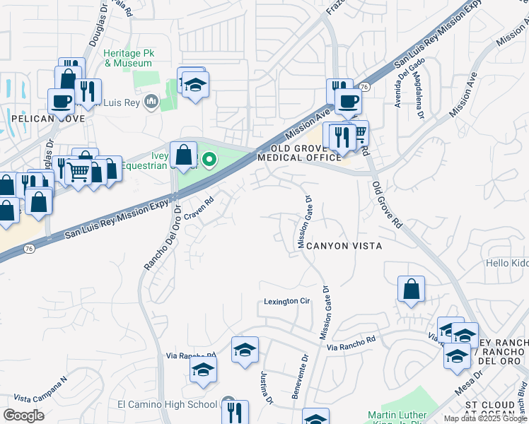 map of restaurants, bars, coffee shops, grocery stores, and more near 4214 La Pinata Way in Oceanside