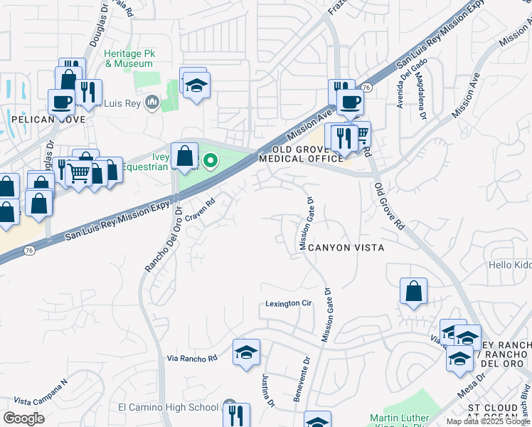 map of restaurants, bars, coffee shops, grocery stores, and more near 4213 La Pinata Way in Oceanside