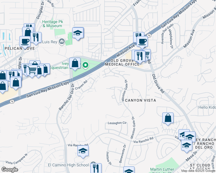 map of restaurants, bars, coffee shops, grocery stores, and more near 4219 La Pinata Way in Oceanside