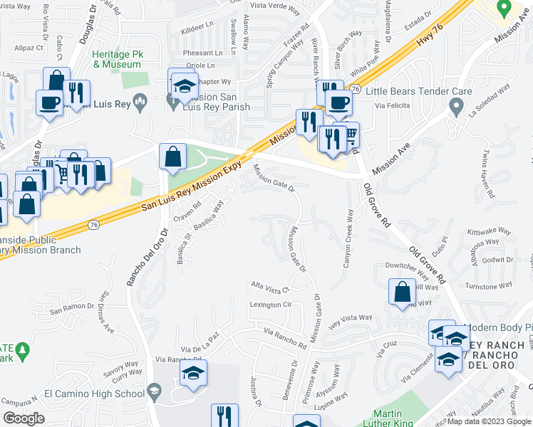 map of restaurants, bars, coffee shops, grocery stores, and more near 4226 La Pinata Way in Oceanside