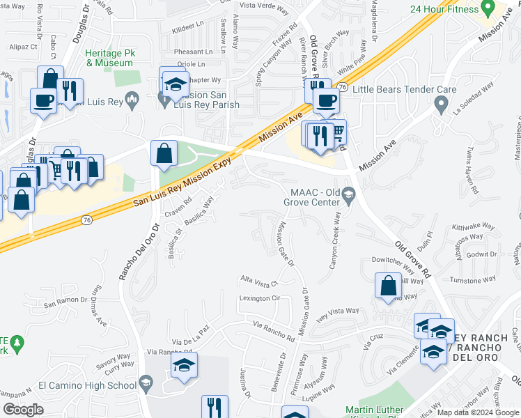 map of restaurants, bars, coffee shops, grocery stores, and more near 4238 Vista Panorama Way in Oceanside
