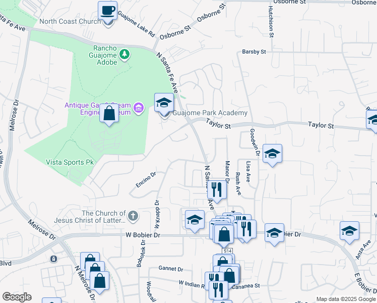 map of restaurants, bars, coffee shops, grocery stores, and more near 1768 Henderson Court in Vista
