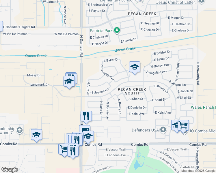map of restaurants, bars, coffee shops, grocery stores, and more near 607 East Jeanne Lane in San Tan Valley