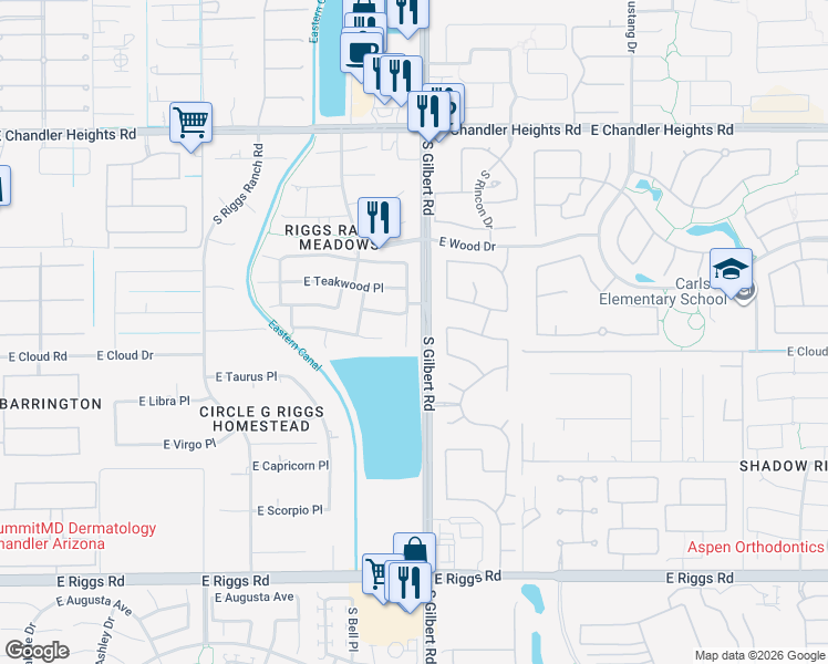 map of restaurants, bars, coffee shops, grocery stores, and more near 5490 South Scott Place in Chandler