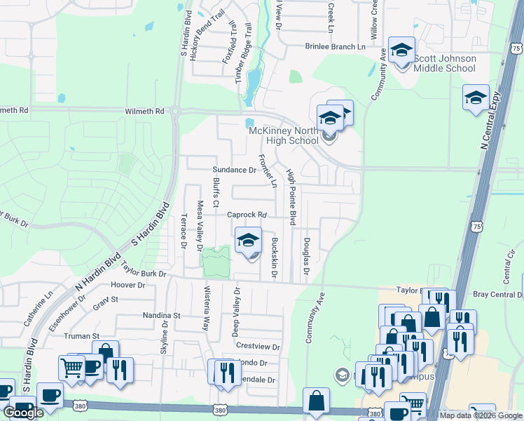 map of restaurants, bars, coffee shops, grocery stores, and more near 2607 Caprock Road in McKinney