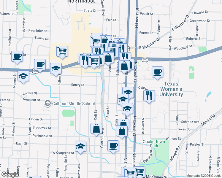 map of restaurants, bars, coffee shops, grocery stores, and more near 1411 Bolivar Street in Denton